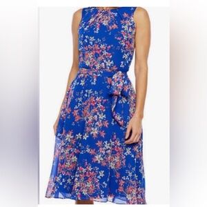Jessica Howard Blue Floral Spring Dress With Self Tie Belt Fit & Flare Sz 10